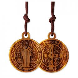  1\" WOOD ST. BENEDICT MEDAL ON LEATHER CORD 
